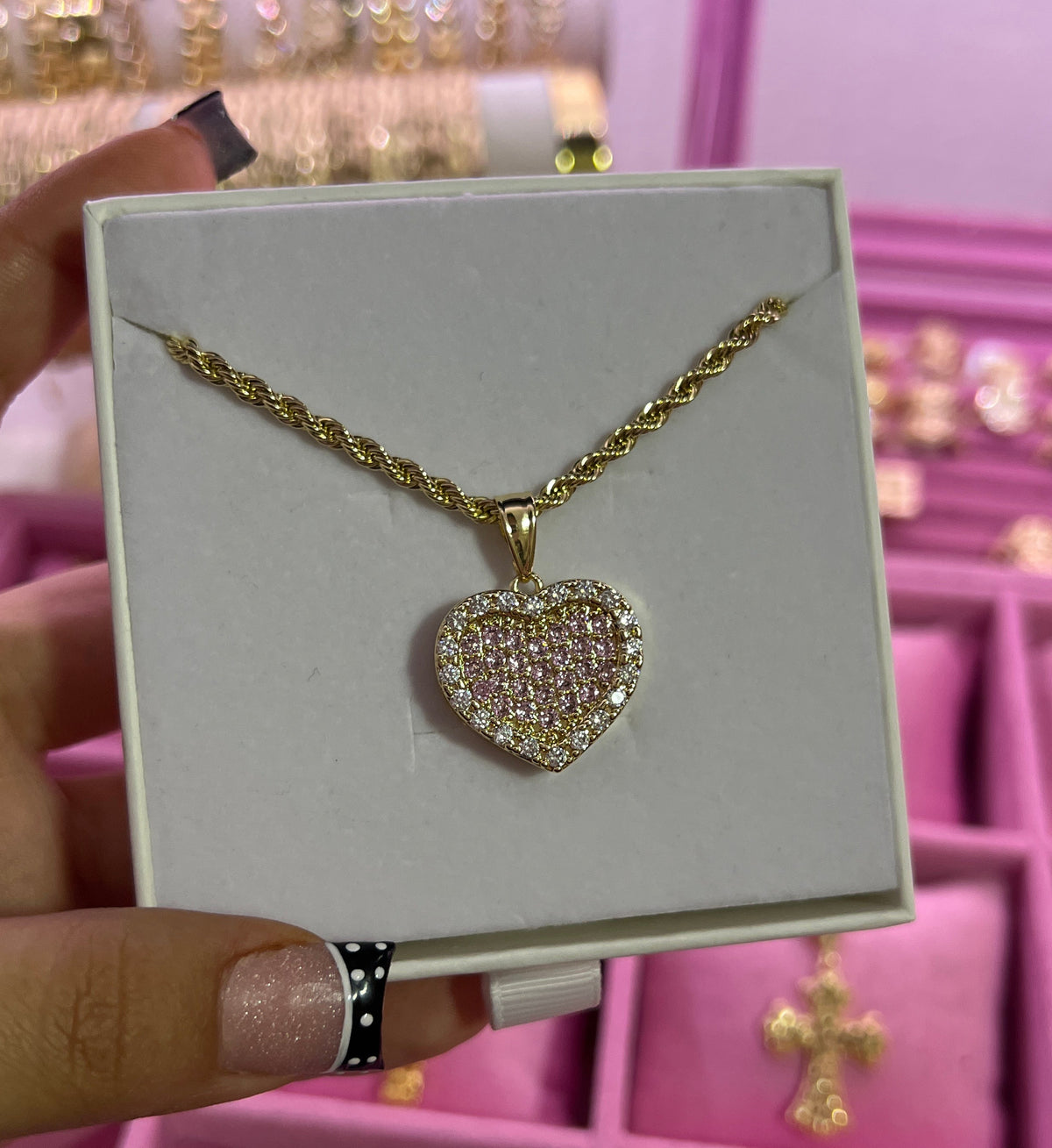 ICED PINK HRT NECKLACE SML *2.0